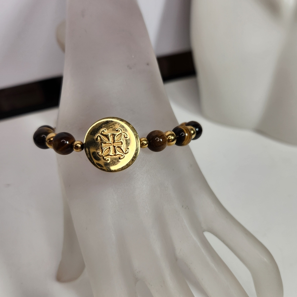 rustic cuff tiger eye beaded stretch bracelet initial L medallion goldtone space